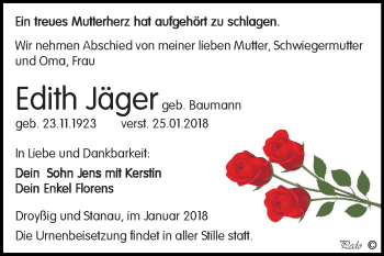 Traueranzeige von Edith Jäger von Mitteldeutsche Zeitung Zeitz