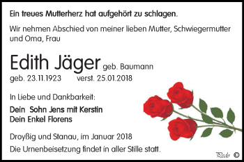 Traueranzeige von Edith Jäger von Super Sonntag Zeitz
