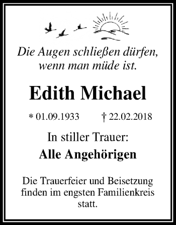 Traueranzeige von Edith Michael von Mitteldeutsche Zeitung Dessau-Roßlau
