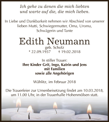 Traueranzeige von Edith Neumann von WVG - Wochenspiegel NMB / WSF / ZTZ