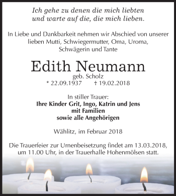 Traueranzeige von Edith Neumann von Mitteldeutsche Zeitung Weißenfels
