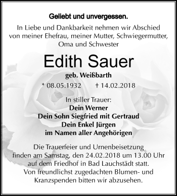 Traueranzeige von Edith Sauer von Mitteldeutsche Zeitung Merseburg/Querfurt