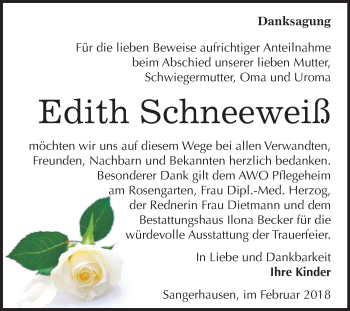 Traueranzeige von Edith Schneeweiß von Mitteldeutsche Zeitung Sangerhausen