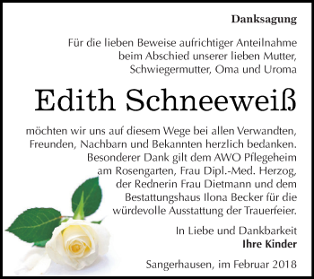Traueranzeige von Edith Schneeweiß von Super Sonntag SGH Mansf. Land