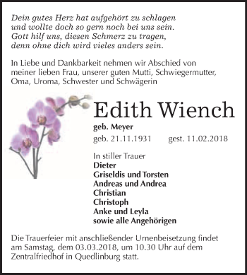 Traueranzeige von Edith Wiench von WVG - Wochenspiegel Quedlinburg