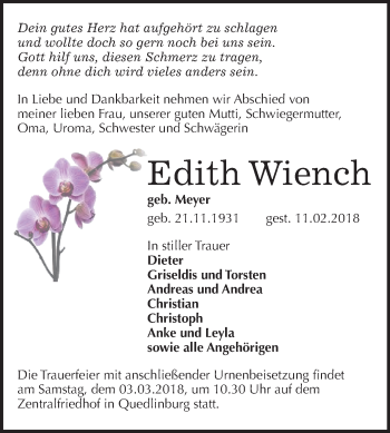 Traueranzeige von Edith Wiench von Mitteldeutsche Zeitung
