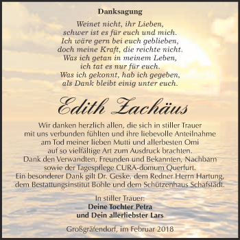 Traueranzeige von Edith Zachäus von Super Sonntag Merseburg