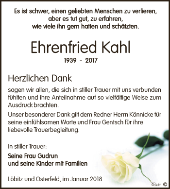 Traueranzeige von Ehrenfried Kahl von Super Sonntag Zeitz