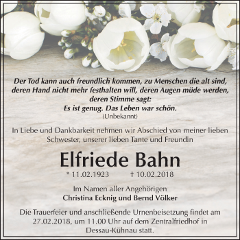 Traueranzeige von Elfriede Bahn von Mitteldeutsche Zeitung Dessau-Roßlau