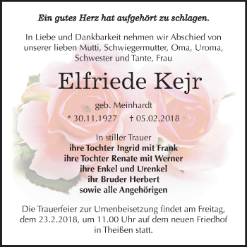 Traueranzeige von Elfriede Kejr von Mitteldeutsche Zeitung Zeitz
