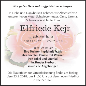 Traueranzeige von Elfriede Kejr von Super Sonntag Zeitz