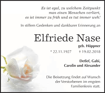 Traueranzeige von Elfriede Nase von WVG - Wochenspiegel Bitterfeld