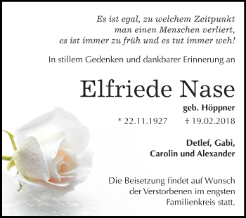 Traueranzeige von Elfriede Nase von Mitteldeutsche Zeitung Bitterfeld