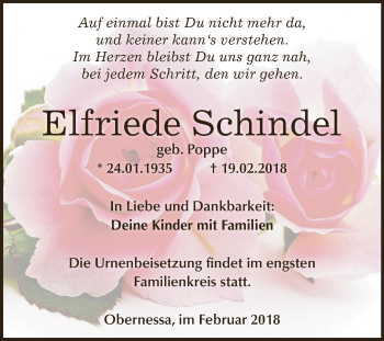 Traueranzeige von Elfriede Schindel von WVG - Wochenspiegel NMB / WSF / ZTZ