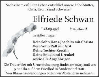 Traueranzeige von Elfriede Schwan von WVG - Wochenspiegel Bitterfeld