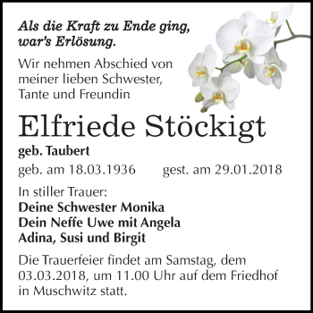 Traueranzeige von Elfriede Stöckigt von Mitteldeutsche Zeitung Weißenfels