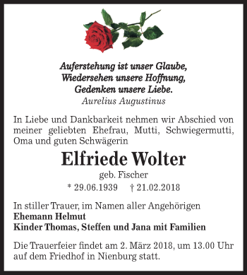 Traueranzeige von Elfriede Wolter von Mitteldeutsche Zeitung Bernburg