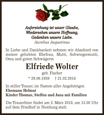 Traueranzeige von Elfriede Wolter von Super Sonntag Bernburg