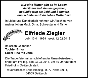 Traueranzeige von Elfriede Ziegler von Mitteldeutsche Zeitung Bitterfeld