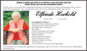 Traueranzeige von Elfriede herhold von Mitteldeutsche Zeitung Merseburg/Querfurt