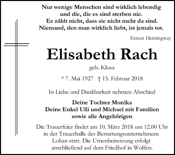 Traueranzeige von Elisabeth Rach von Mitteldeutsche Zeitung Bitterfeld
