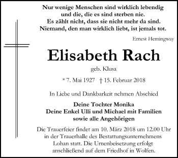 Traueranzeige von Elisabeth Rach von WVG - Wochenspiegel Bitterfeld