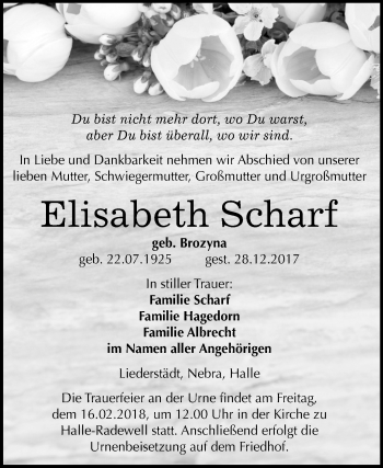 Traueranzeige von Elisabeth Scharf von Mitteldeutsche Zeitung