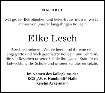 Traueranzeige von Elke Lesch von Mitteldeutsche Zeitung Halle/Saalkreis