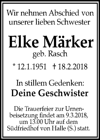 Traueranzeige von Elke Märker von Mitteldeutsche Zeitung Halle/Saalkreis