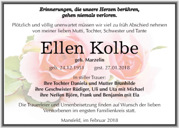 Traueranzeige von Ellen Kolbe von Super Sonntag SGH Mansf. Land