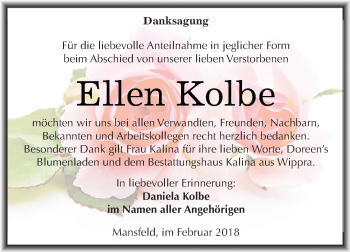 Traueranzeige von Ellen Kolbe von Super Sonntag SGH Mansf. Land