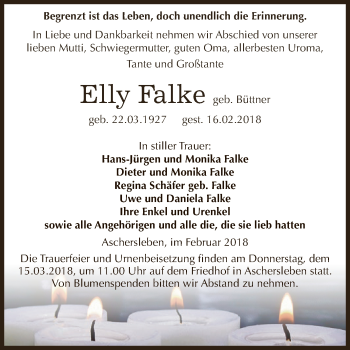 Traueranzeige von Elly Falke von Super Sonntag Aschersleben