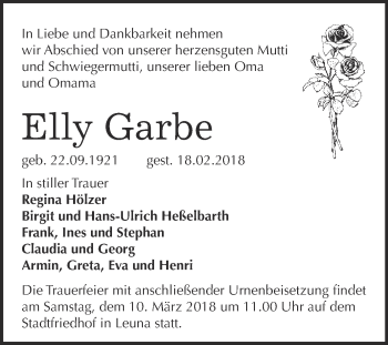 Traueranzeige von Elly Garbe von WVG - Wochenspiegel Halle