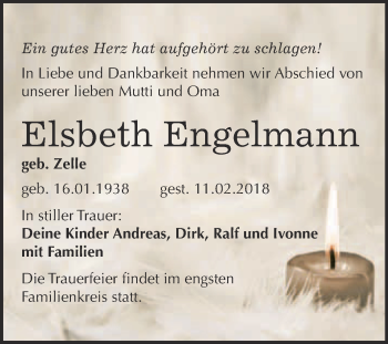 Traueranzeige von Elsbeth Engelmann von WVG - Wochenspiegel Bitterfeld