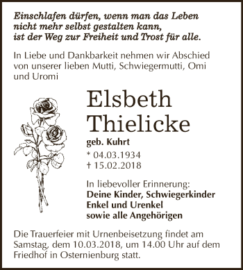 Traueranzeige von Elsbeth Thielicke von WVG - Wochenspiegel Dessau / Köthen
