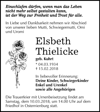 Traueranzeige von Elsbeth Thielicke von Mitteldeutsche Zeitung Köthen