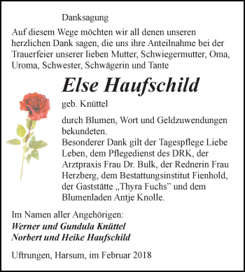 Traueranzeige von Else Haufschild von Mitteldeutsche Zeitung Sangerhausen