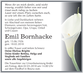 Traueranzeige von Emil Bornhacke von Mitteldeutsche Zeitung