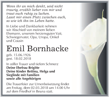 Traueranzeige von Emil Bornhacke von WVG - Wochenspiegel Merseburg