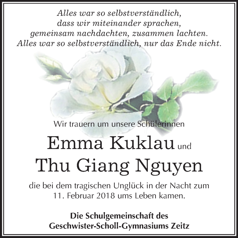  Traueranzeige für Emma Kuklau vom 24.02.2018 aus Mitteldeutsche Zeitung Zeitz