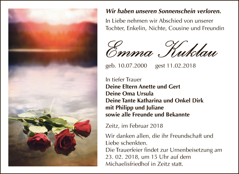 Traueranzeige für Emma Kuklau vom 17.02.2018 aus Super Sonntag Zeitz