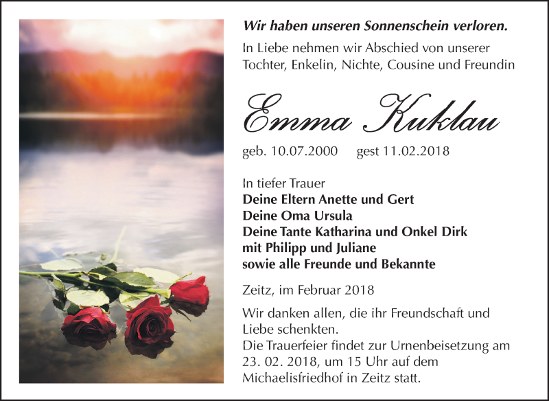  Traueranzeige für Emma Kuklau vom 17.02.2018 aus Mitteldeutsche Zeitung Zeitz