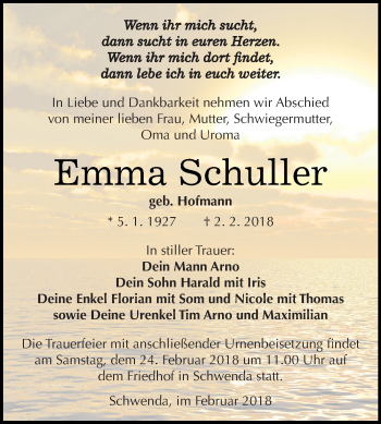 Traueranzeige von Emma Schuller von Super Sonntag SGH Mansf. Land