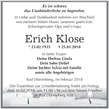 Traueranzeige von Erich Klose von Super Sonntag Merseburg