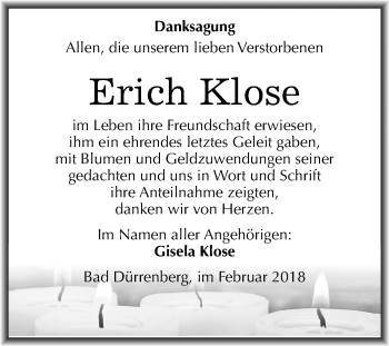 Traueranzeige von Erich Klose von Mitteldeutsche Zeitung Merseburg/Querfurt