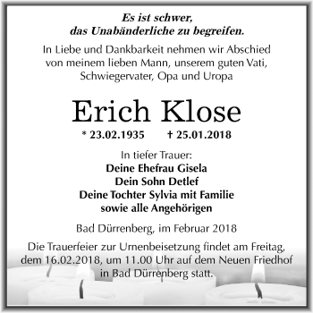 Traueranzeige von Erich Klose von Mitteldeutsche Zeitung Merseburg/Querfurt
