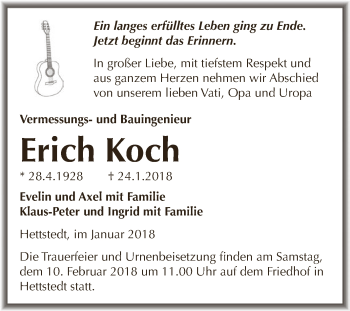 Traueranzeige von Erich Koch von Super Sonntag SGH Mansf. Land