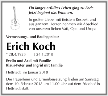 Traueranzeige von Erich Koch von Super Sonntag SGH Mansf. Land