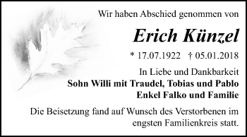 Traueranzeige von Erich Künzel von Mitteldeutsche Zeitung Bitterfeld