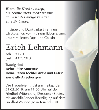 Traueranzeige von Erich Lehmann von WVG - Wochenspiegel Wittenberg